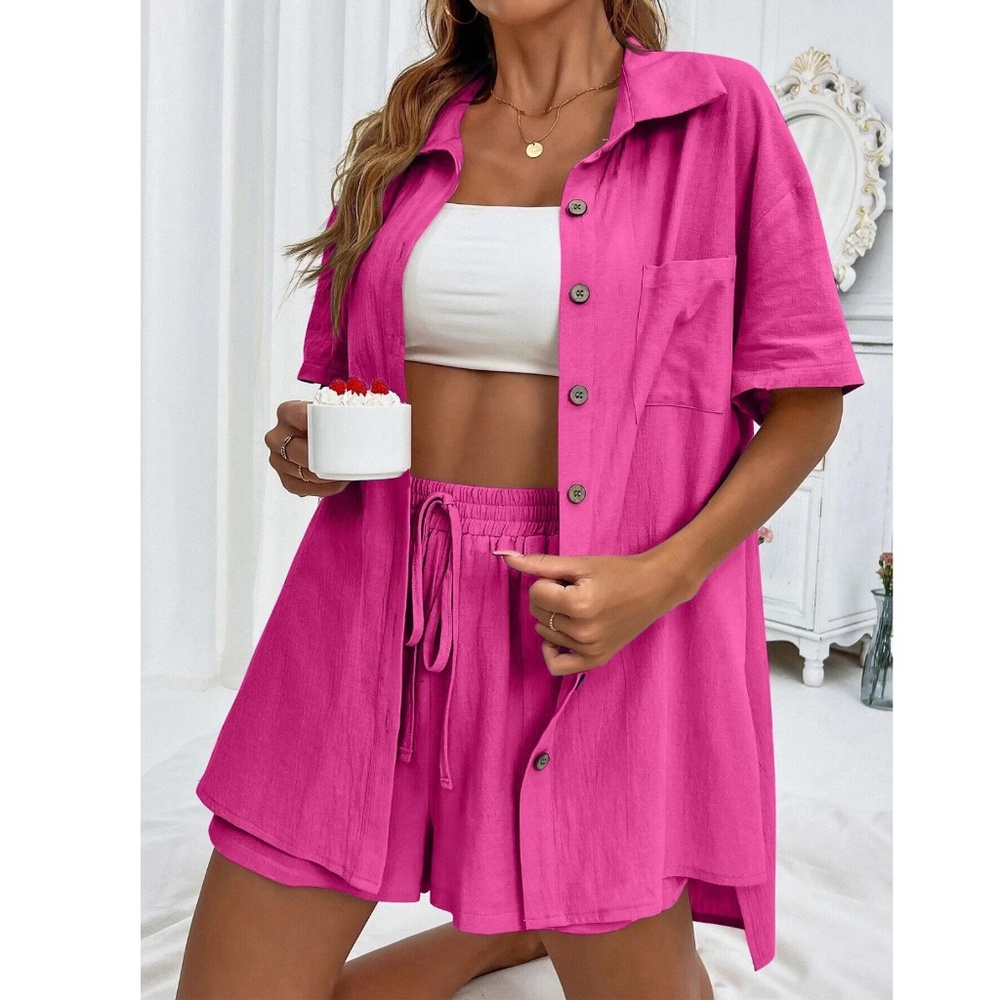 2 Piece Set: Hot Pink Button Up Down Shirt and Shorts - Picture 4 of 7